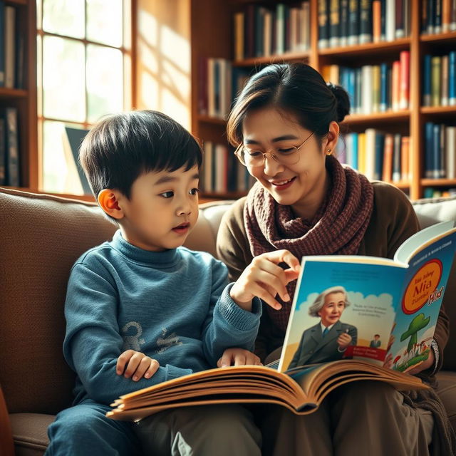 A young Chinese boy sitting in a cozy library, surrounded by colorful books about famous scientists and philosophers