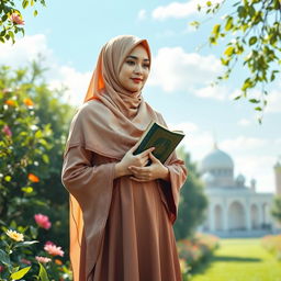 A serene and elegant Muslim woman dressed in a beautifully detailed hijab and traditional long dress, standing in a peaceful garden illuminated by soft sunlight