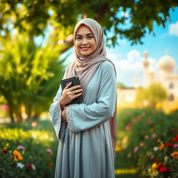 A serene and elegant Muslim woman dressed in a beautifully detailed hijab and traditional long dress, standing in a peaceful garden illuminated by soft sunlight