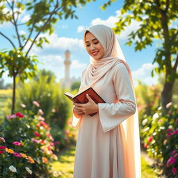 A serene and elegant Muslim woman dressed in a beautifully detailed hijab and traditional long dress, standing in a peaceful garden illuminated by soft sunlight