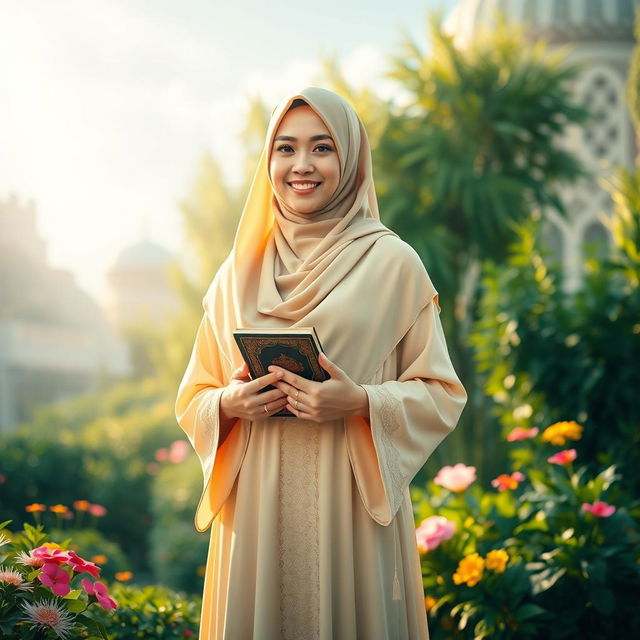 A serene and elegant Muslim woman dressed in a beautifully detailed hijab and traditional long dress, standing in a peaceful garden illuminated by soft sunlight