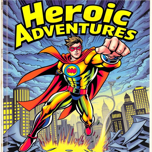 A dynamic and colorful comic book cover featuring a superhero in full action pose, showcasing incredible strength and agility