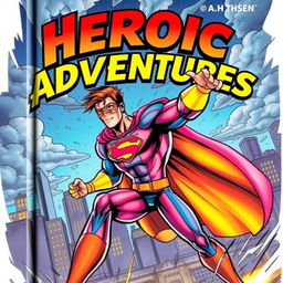 A dynamic and colorful comic book cover featuring a superhero in full action pose, showcasing incredible strength and agility