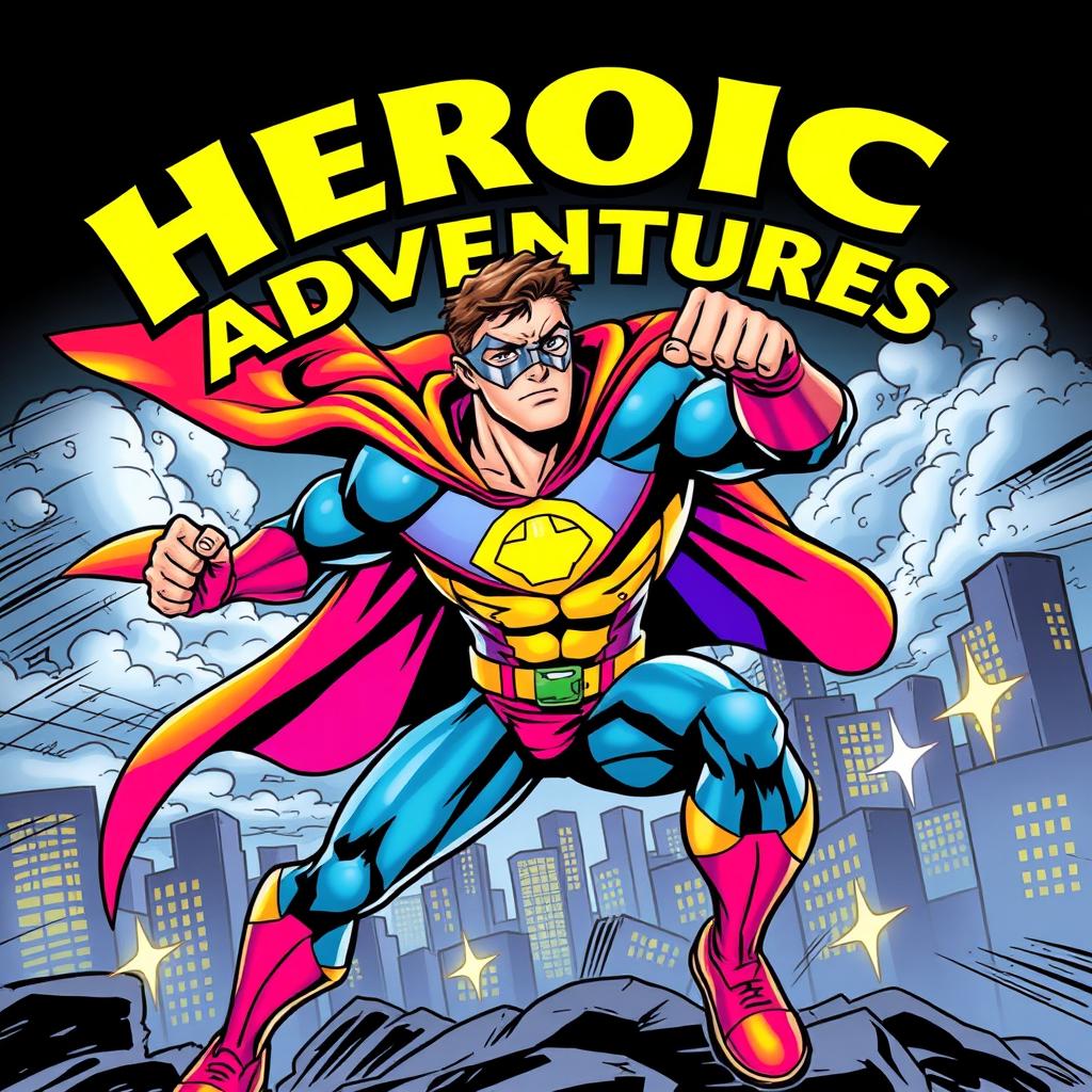 A dynamic and colorful comic book cover featuring a superhero in full action pose, showcasing incredible strength and agility