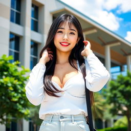 A stunningly beautiful South Korean college girl with an impressive bust, exuding charm and playfulness