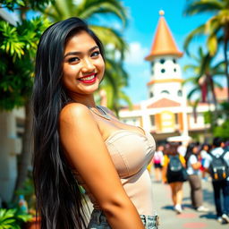 A gorgeous Indonesian college girl with an impressive bust, radiating charm and playfulness