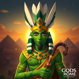 A striking representation of Osiris, the ancient Egyptian god, depicted in a stylized, mythological manner inspired by the game "Gods of Rome