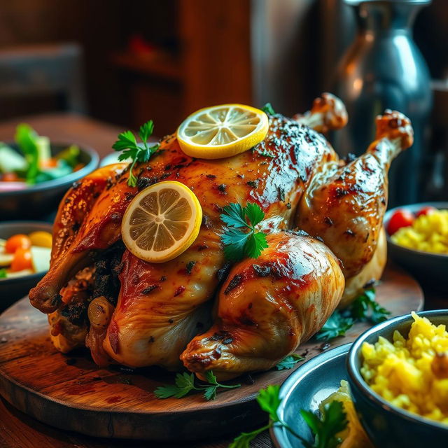 A beautifully roasted chicken stuffed with fragrant herbs, vegetables, and spices, garnished with lemon slices and fresh parsley