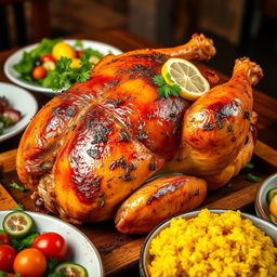 A beautifully roasted chicken stuffed with fragrant herbs, vegetables, and spices, garnished with lemon slices and fresh parsley