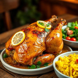 A beautifully roasted chicken stuffed with fragrant herbs, vegetables, and spices, garnished with lemon slices and fresh parsley