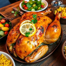 A beautifully roasted chicken stuffed with fragrant herbs, vegetables, and spices, garnished with lemon slices and fresh parsley