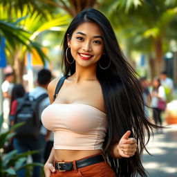A beautiful Indonesian college girl with a stunningly large bust, exuding a playful and charming vibe