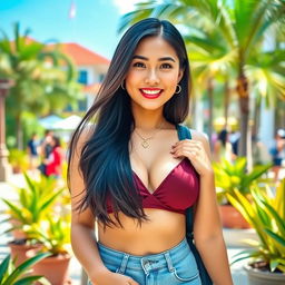 A beautiful Indonesian college girl with a stunningly large bust, exuding a playful and charming vibe