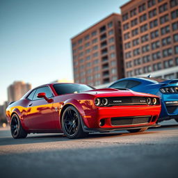 A high-resolution image of a sleek, modern Dodge Challenger sports car parked next to a Ford Mustang in an urban setting