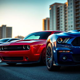 A high-resolution image of a sleek, modern Dodge Challenger sports car parked next to a Ford Mustang in an urban setting