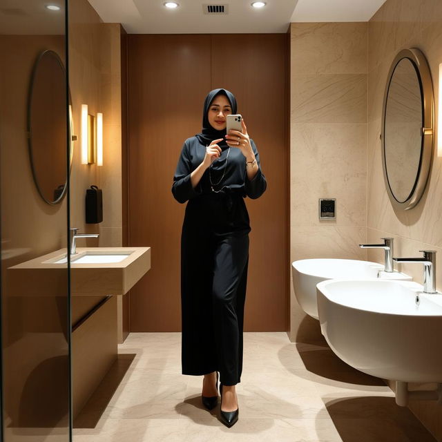 A realistic image of a 40-year-old hijabi woman taking a mirror selfie in a restroom, proudly showcasing her confidence and beauty