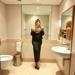 A realistic image of a 40-year-old hijabi woman taking a mirror selfie in a restroom, proudly showcasing her confidence and beauty