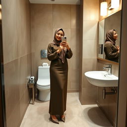 A realistic image of a 40-year-old hijabi woman taking a mirror selfie in a restroom, proudly showcasing her confidence and beauty