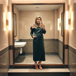 A realistic image of a 40-year-old hijabi woman taking a mirror selfie in a restroom, proudly showcasing her confidence and beauty