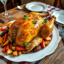 A beautifully prepared roasted chicken stuffed with a savory mixture of herbs, spices, and grains, displayed on a rustic wooden table