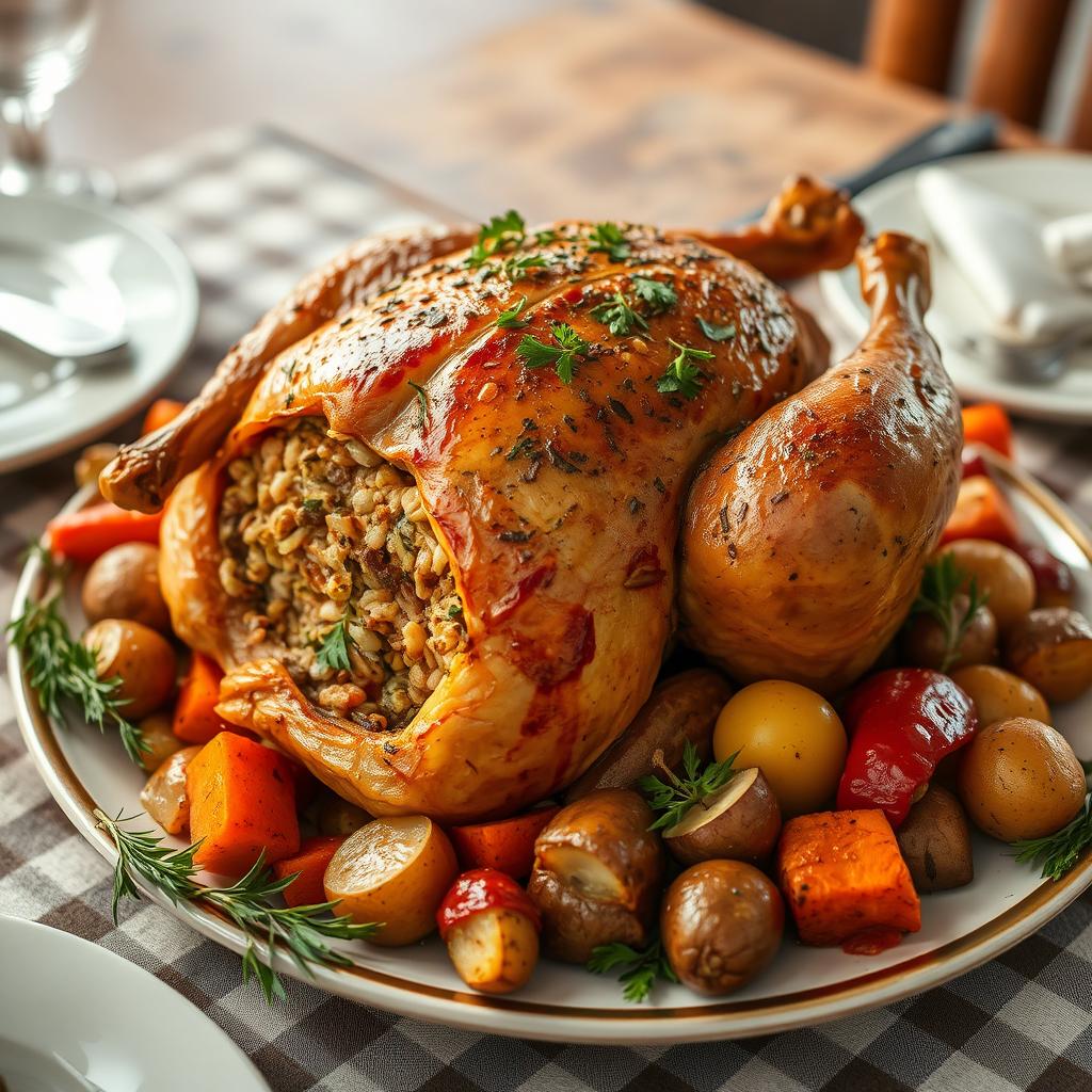 A beautifully prepared roasted chicken stuffed with a savory mixture of herbs, spices, and grains, displayed on a rustic wooden table