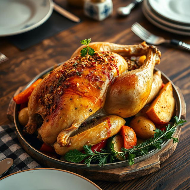 A beautifully prepared roasted chicken stuffed with a savory mixture of herbs, spices, and grains, displayed on a rustic wooden table