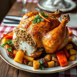 A beautifully prepared roasted chicken stuffed with a savory mixture of herbs, spices, and grains, displayed on a rustic wooden table