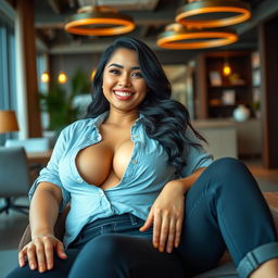 A beautiful and confident Indonesian woman with a stunningly large bust, radiating a playful and relaxed vibe