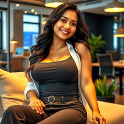 A beautiful and confident Indonesian woman with a stunningly large bust, radiating a playful and relaxed vibe