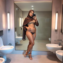 A realistic image of a 40-year-old hijabi woman taking a mirror selfie in a restroom, confidently embracing her body