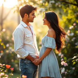 A romantic scene depicting a young couple, Arash and Sara, deeply in love