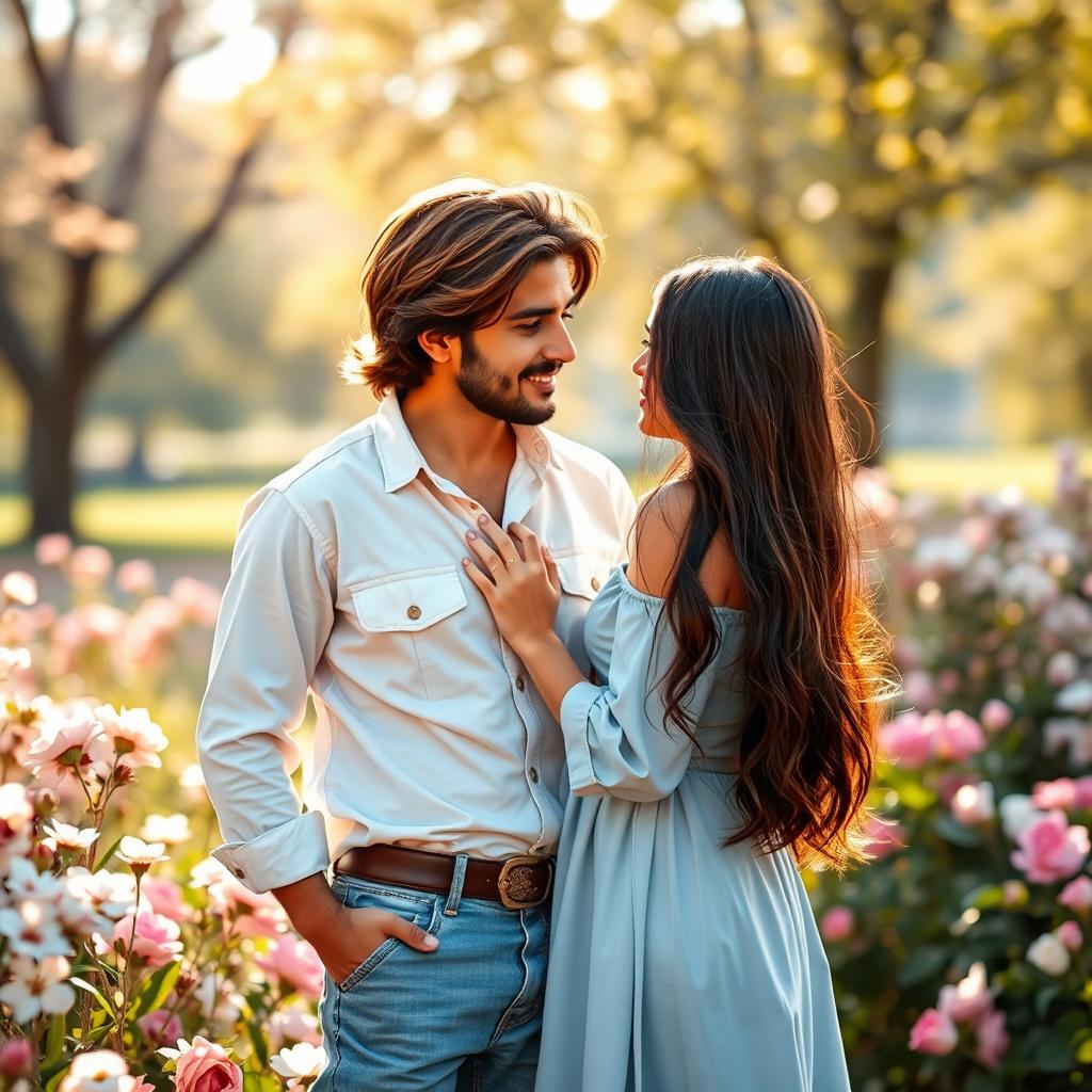 A romantic scene depicting a young couple, Arash and Sara, deeply in love