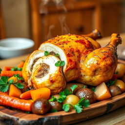 A beautifully roasted stuffed chicken, golden brown and crispy skin with herbs and spices, garnished with fresh parsley and surrounded by colorful vegetables like carrots, bell peppers, and potatoes