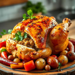 A beautifully roasted stuffed chicken, golden brown and crispy skin with herbs and spices, garnished with fresh parsley and surrounded by colorful vegetables like carrots, bell peppers, and potatoes