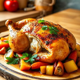 A beautifully roasted stuffed chicken, golden brown and crispy skin with herbs and spices, garnished with fresh parsley and surrounded by colorful vegetables like carrots, bell peppers, and potatoes