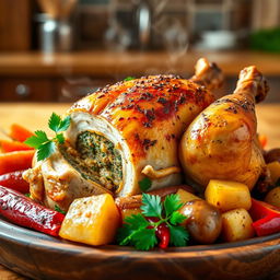 A beautifully roasted stuffed chicken, golden brown and crispy skin with herbs and spices, garnished with fresh parsley and surrounded by colorful vegetables like carrots, bell peppers, and potatoes
