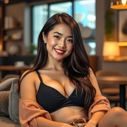 A beautiful and confident Chinese woman with an impressive bust, exuding a playful and relaxed aura