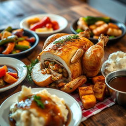 A beautifully presented roasted stuffed chicken, garnished with fresh herbs and accompanied by an array of colorful side dishes including roasted vegetables, mashed potatoes, and a rich gravy