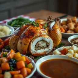 A beautifully presented roasted stuffed chicken, garnished with fresh herbs and accompanied by an array of colorful side dishes including roasted vegetables, mashed potatoes, and a rich gravy