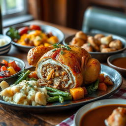 A beautifully presented roasted stuffed chicken, garnished with fresh herbs and accompanied by an array of colorful side dishes including roasted vegetables, mashed potatoes, and a rich gravy