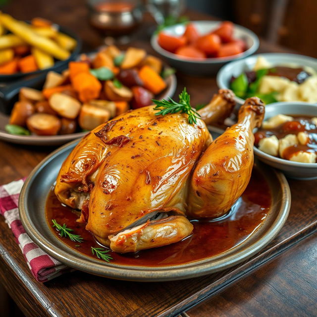 A beautifully presented roasted stuffed chicken, garnished with fresh herbs and accompanied by an array of colorful side dishes including roasted vegetables, mashed potatoes, and a rich gravy