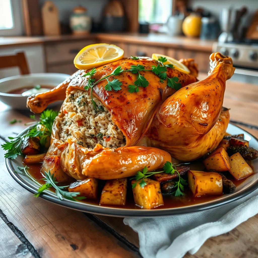 A beautifully roasted whole stuffed chicken garnished with fresh herbs and lemon slices on a rustic wooden table