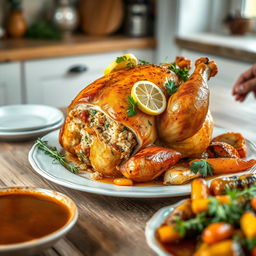A beautifully roasted whole stuffed chicken garnished with fresh herbs and lemon slices on a rustic wooden table