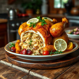 A beautifully roasted whole stuffed chicken garnished with fresh herbs and lemon slices on a rustic wooden table