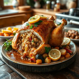 A beautifully roasted whole stuffed chicken garnished with fresh herbs and lemon slices on a rustic wooden table