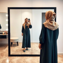 A realistic image of a 40-year-old hijabi woman taking a mirror selfie in a dressing room, showcasing her confidence and beauty