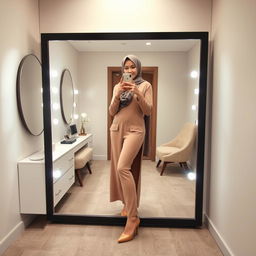 A realistic image of a 40-year-old hijabi woman taking a mirror selfie in a dressing room, showcasing her confidence and beauty