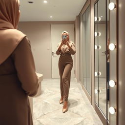 A realistic image of a 40-year-old hijabi woman taking a mirror selfie in a dressing room, showcasing her confidence and beauty