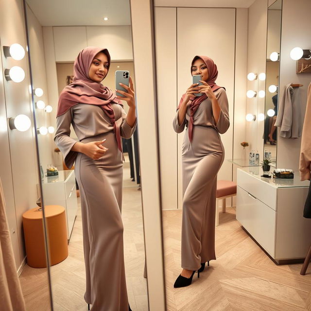 A realistic image of a 40-year-old hijabi woman taking a mirror selfie in a dressing room, showcasing her confidence and beauty