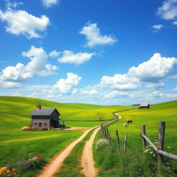 A tranquil rural landscape scene depicting a vibrant and lush countryside